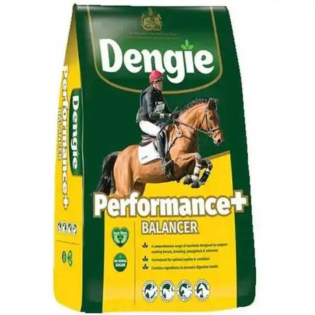 Green and yellow bag of dengie performance+ balancer horse feed from the alfa-a range for increased nutritional requirements