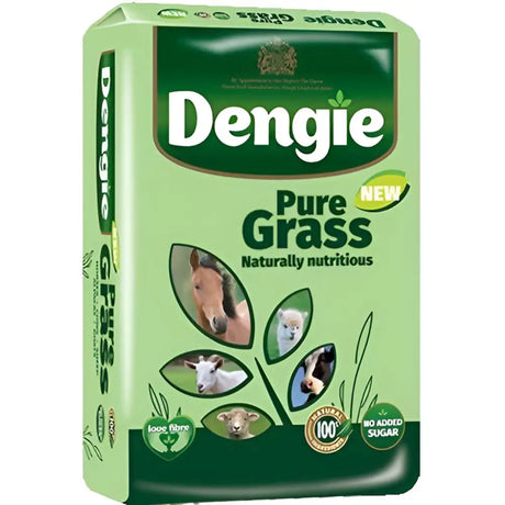 Green bag of dengie pure grass chopped grass feed with animal images highlighting natural nutrition forage replacer