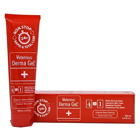 Red tube of derma gel veterinus 100 ml with white label and plus sign next to matching red gel veterinus box