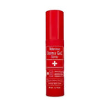 Red cylindrical spray bottle of derma gel veterinus with white text plus sign labeled derma gel spray veterinus spray
