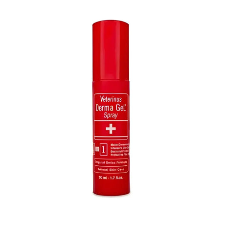 Red cylindrical spray bottle of derma gel veterinus with white text plus sign labeled derma gel spray veterinus spray