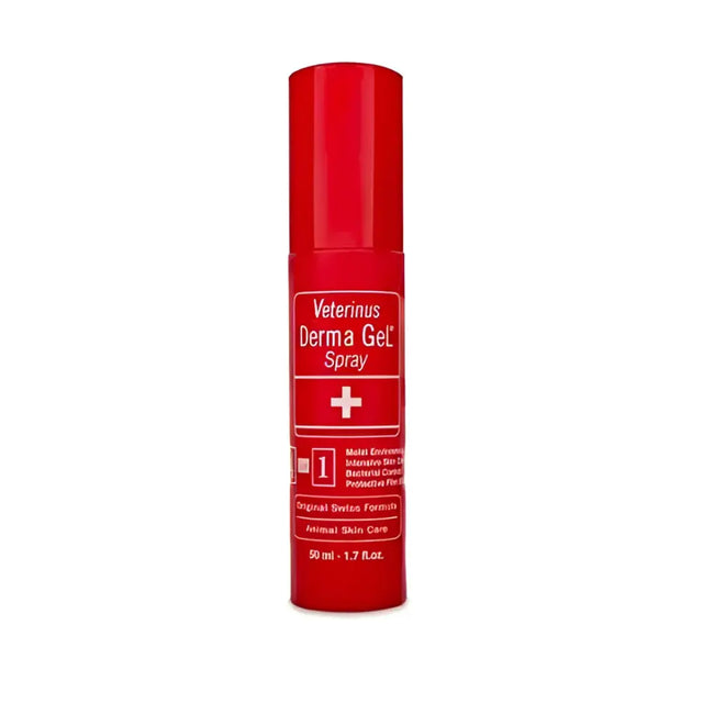 Red cylindrical spray bottle of derma gel veterinus with white text plus sign labeled derma gel spray veterinus spray
