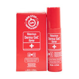 Red veterinus derma gel spray bottle and matching box with white text and plus sign design for skin care use