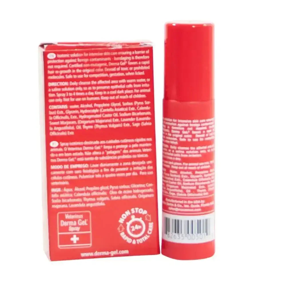Red cylindrical derma gel veterinus spray bottle with white text and barcode next to matching red cardboard box