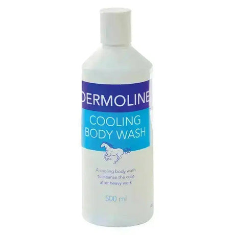 White plastic bottle of dermoline cooling body wash 500ml with blue label featuring horse illustration for revitalising cooling body care