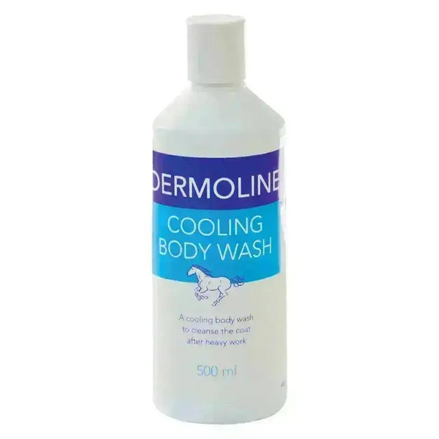 White plastic bottle of dermoline cooling body wash 500ml with blue label featuring horse illustration for revitalising cooling body care