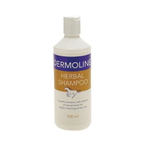 A white plastic bottle of dermoline herbal shampoo with a purple and gold horse label for horse grooming and horse shampoos