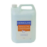 A translucent light blue 5-litre plastic jug of dermoline mane conditioner with white cap and handle for luxurious hair conditioning