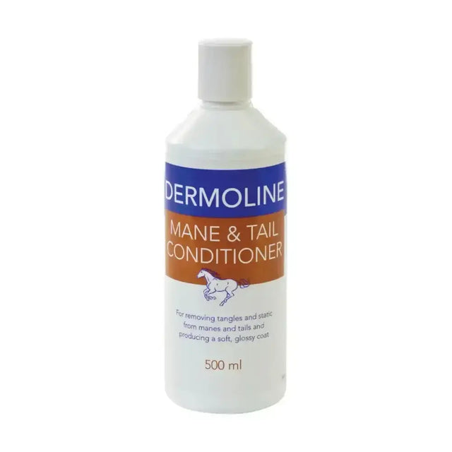 White plastic bottle of dermoline mane & tail conditioner 500 ml for luxurious hair conditioning and conditioning lotion helps