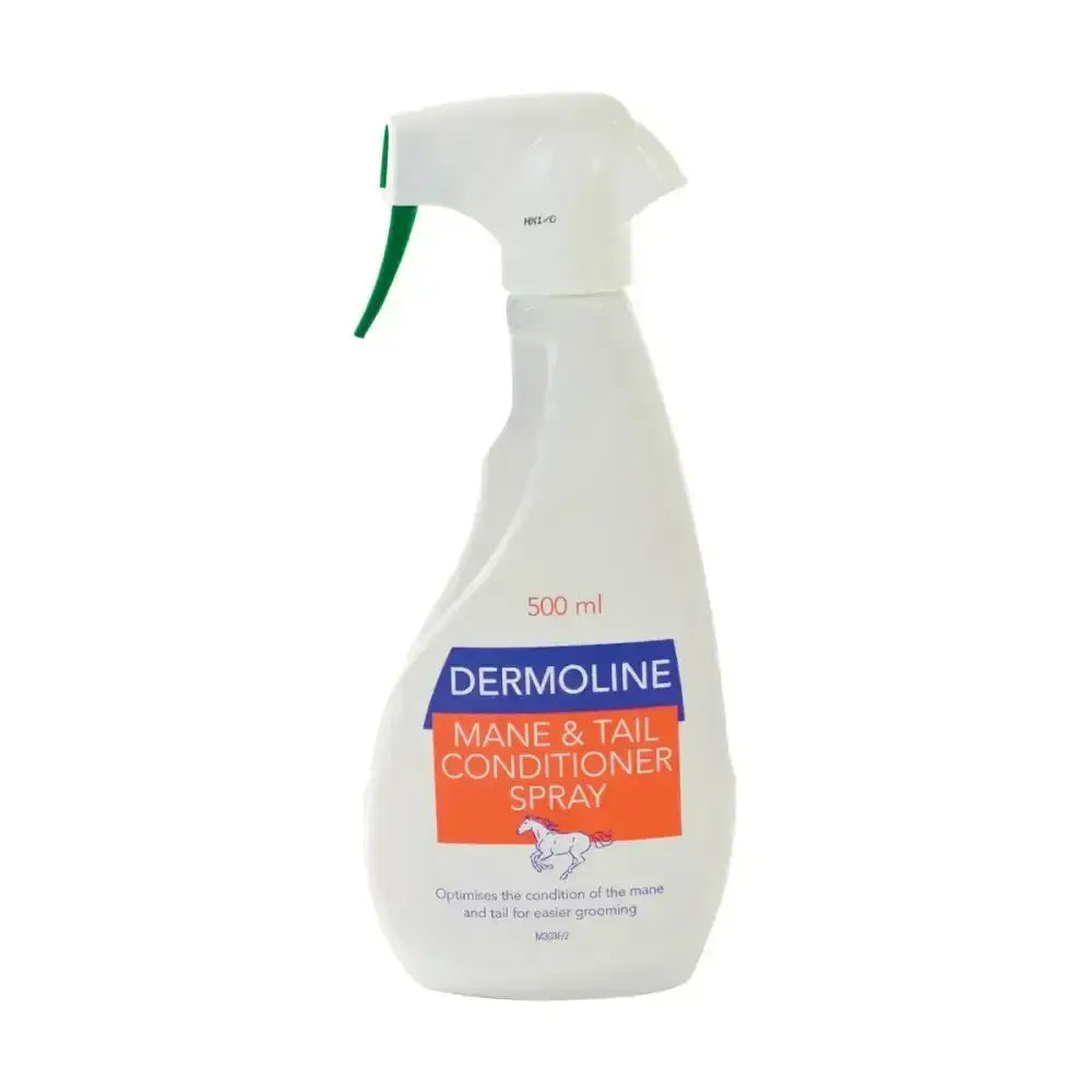 White plastic dermoline mane spray bottle with green trigger and blue orange label for luxurious hair conditioning