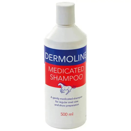 White plastic bottle of dermoline medicated shampoo 500ml with blue red label and white horse illustration