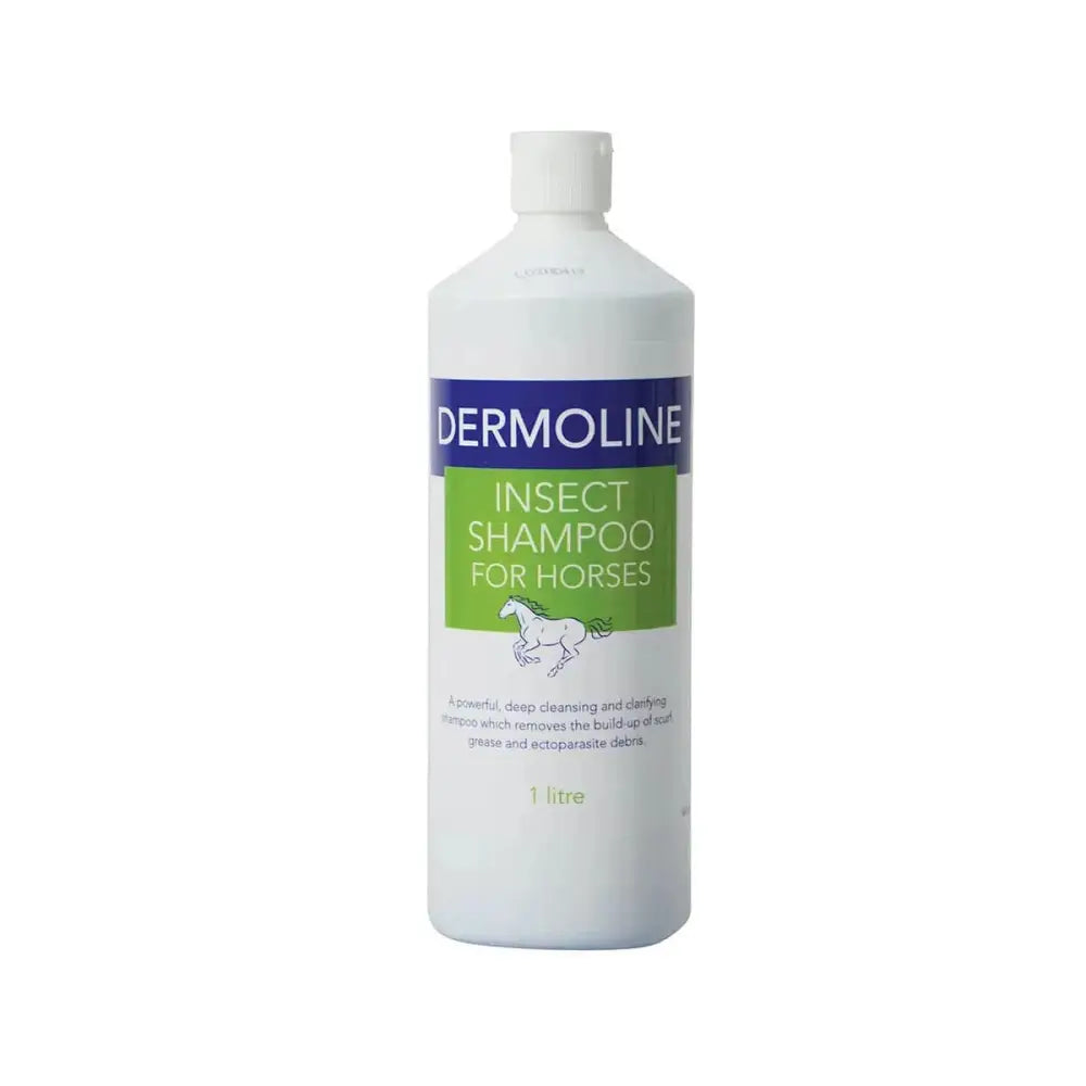 White plastic bottle of dermoline shampoo insect for horses fly repellent shampoos with ectoparasite debris control label