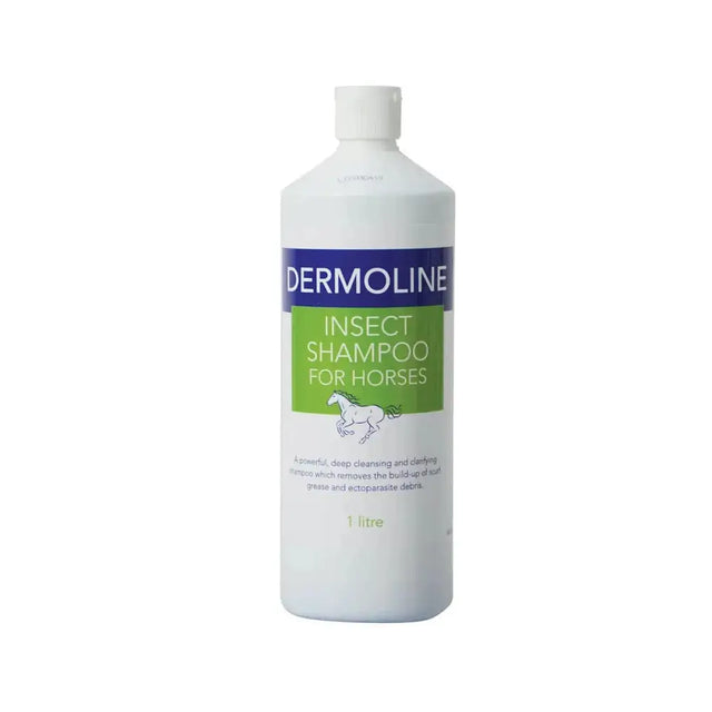 White plastic bottle of dermoline shampoo insect for horses fly repellent shampoos with ectoparasite debris control label