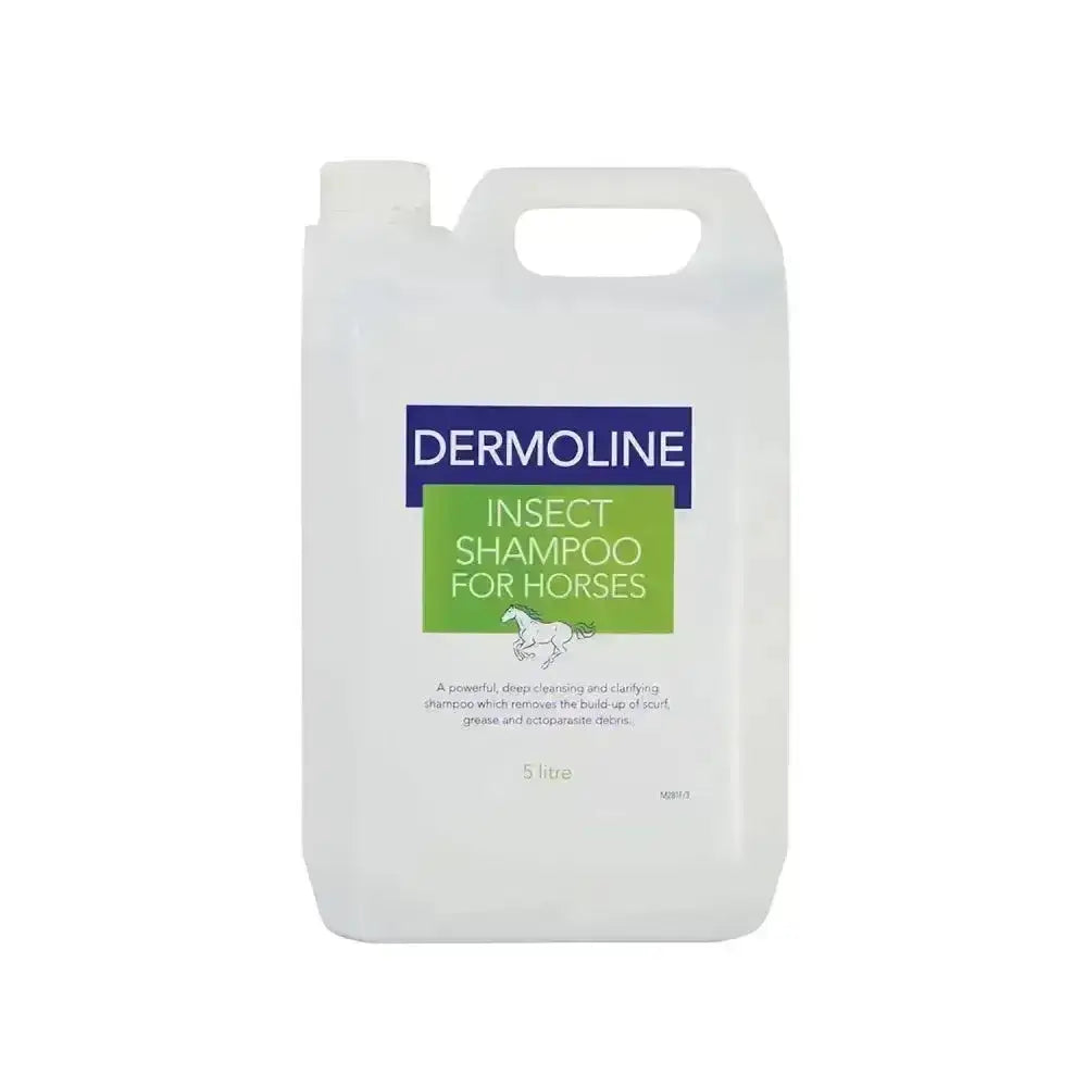 A white plastic jug of dermoline shampoo insect fly repellent shampoos for horses removing ectoparasite debris