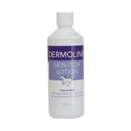 White plastic bottle of dermoline skin itch lotion with purple label and white horse silhouette for manes and tails care