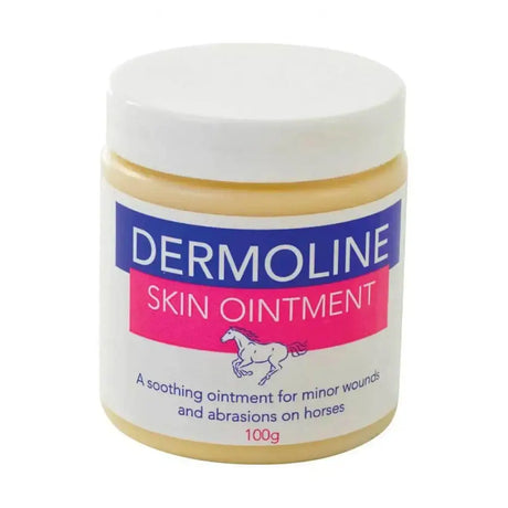 A white jar with a blue and pink label containing dermoline skin ointment for soothing minor wounds on horses with coal tar