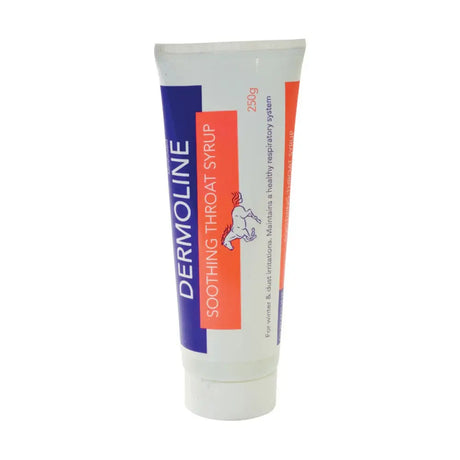 A white tube of dermoline soothing throat syrup with a blue and orange label featuring a horse to instantly soothe