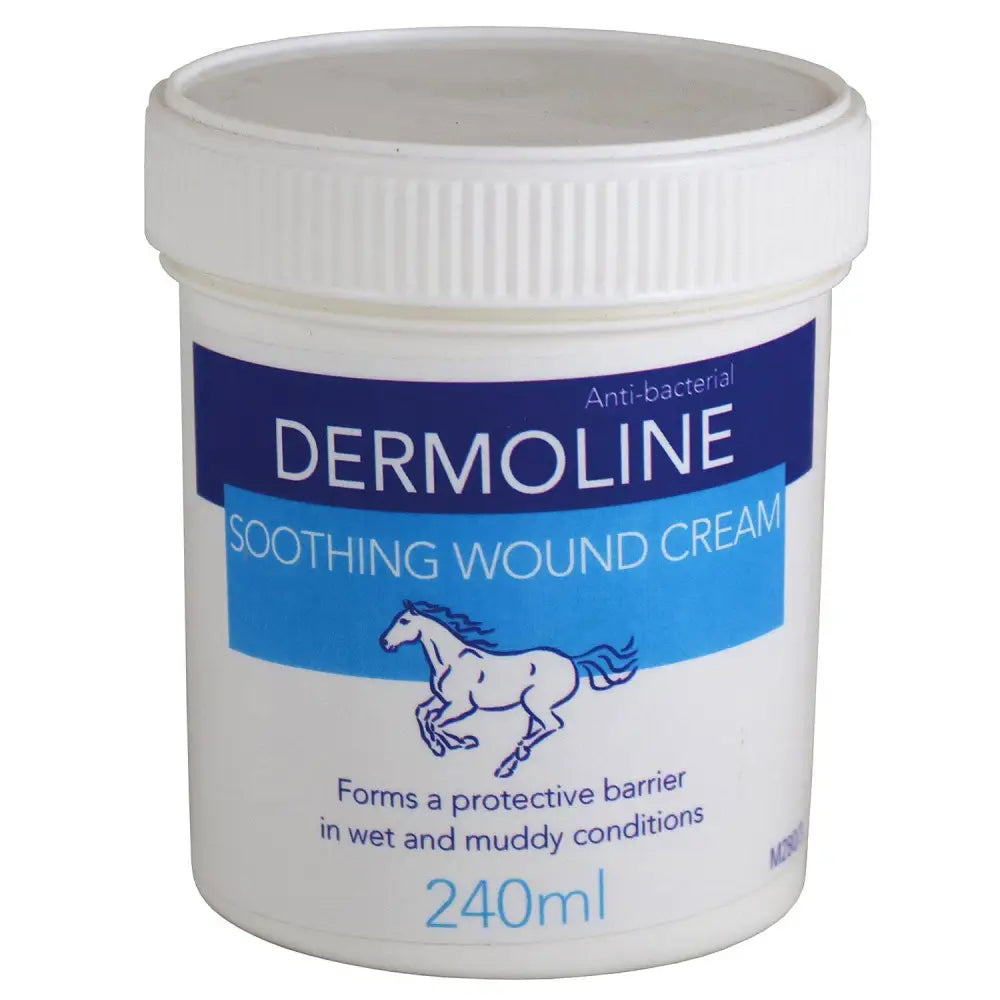 White plastic jar of dermoline soothing wound antibacterial cream 240ml with blue label and white horse illustration