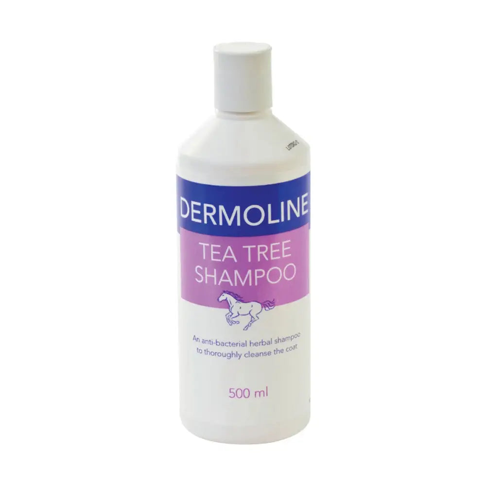 White plastic bottle of dermoline tea tree antibacterial shampoo 500 ml with purple blue label and white horse illustration
