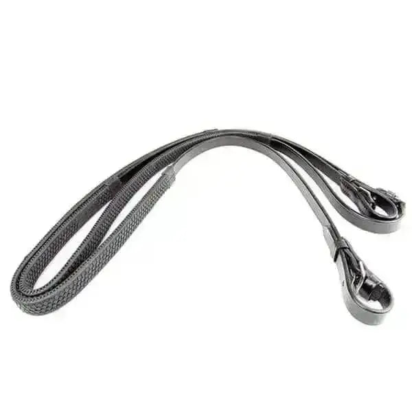 Black woven leather dever classic rubber grip reins with metal buckles for secure riding control