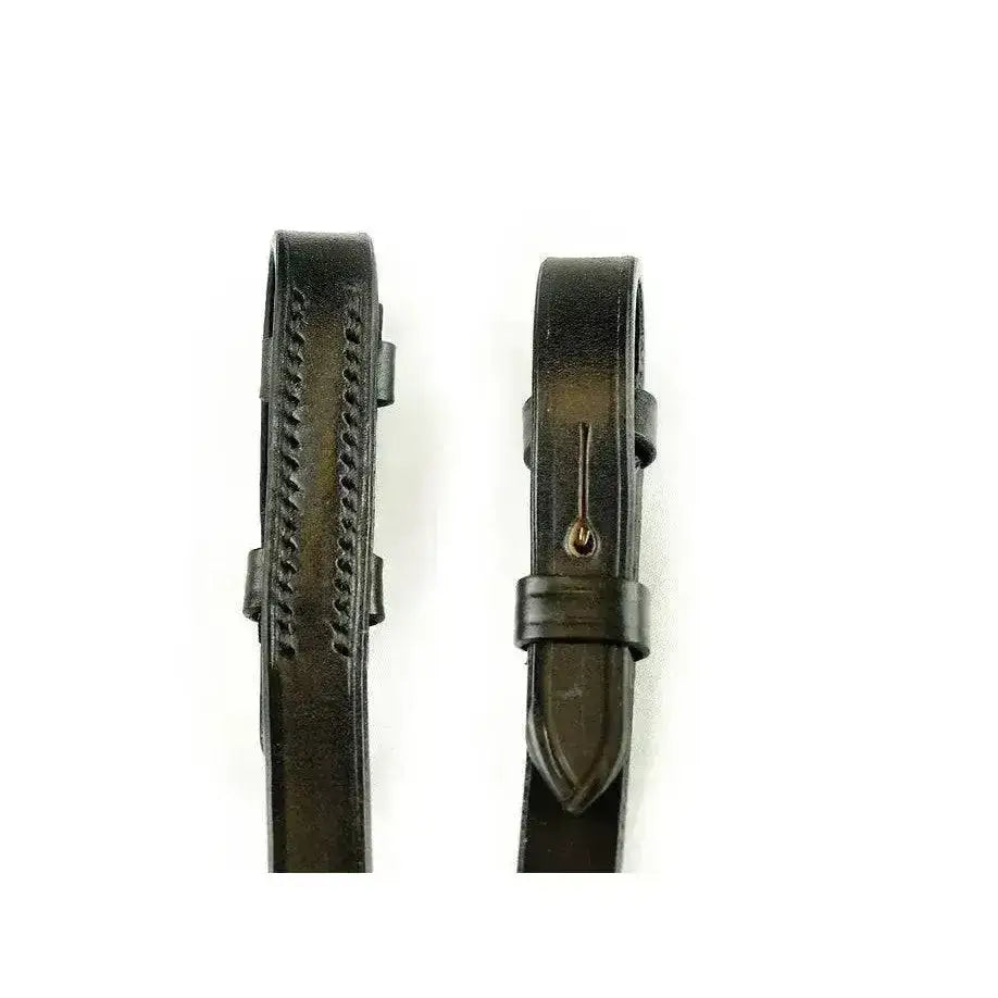 Black leather english leather reins with stitched detailing and metal buckle from dever classic plain collection
