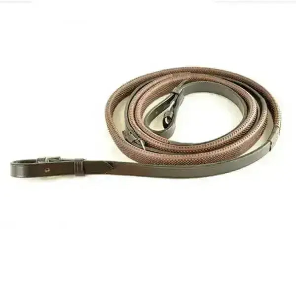 Brown leather dever classic pony race reins english with textured pattern and dark brown buckle for pony race reins