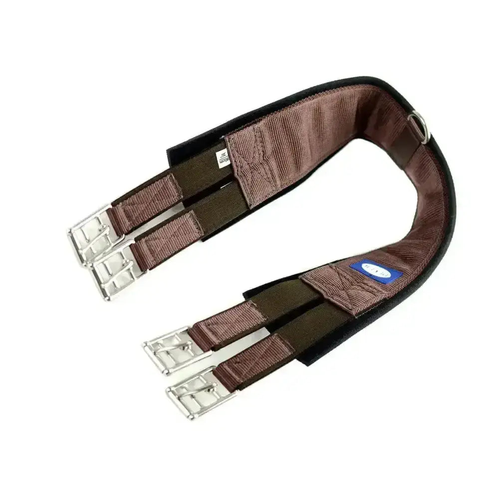 Brown and black synthetic dever competition girth with stainless steel fittings and silver metal buckles for riding