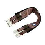 Brown and black synthetic dever competition girth with stainless steel fittings and silver metal buckles for riding