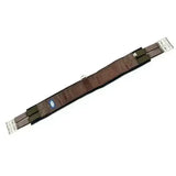 Brown leather dever competition girth pad with silver stainless steel fittings and blue brand label for riding use