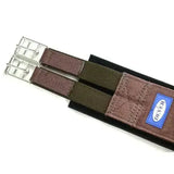Brown and olive green dever competition girth with elastic ends and stainless steel fittings synthetic competition girth