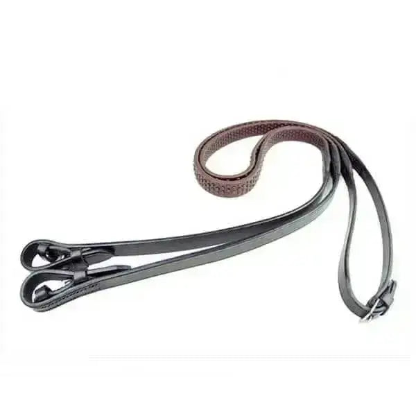 Black dever english leather bio grip reins with woven texture and silver buckles for better grip leather reins experience