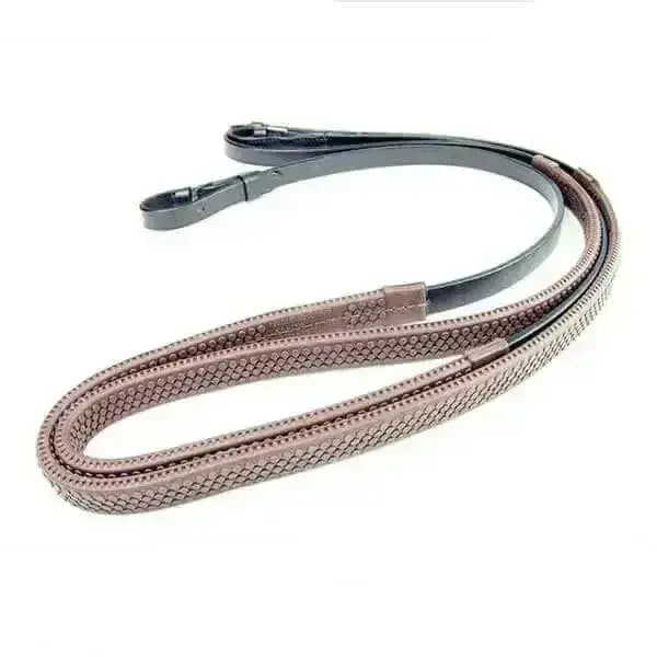 Brown woven leather dever rubber grip reins with black metal english leather hook hardware for riding