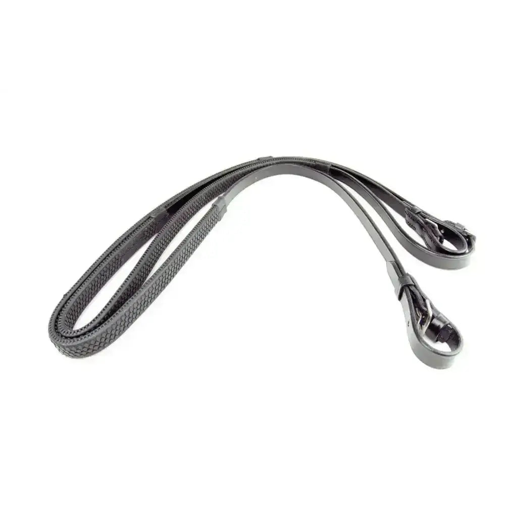 Black textured leather horse bridle strap with metal hardware part of dever rubber grip english leather hook reins
