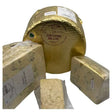 A golden-wrapped wheel of devon blue cheese with creamy interior and blue veining from devon maid artisan local dairy farms