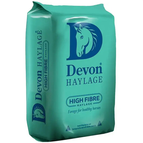 Teal plastic bag of devon haylage high fibre ryegrass haylage for horses made from specially selected italian ryegrass