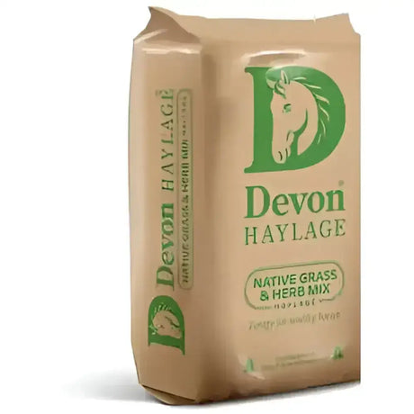 A beige bag of devon haylage native grass and herb mix with a green horse logo for traditional hay meadows