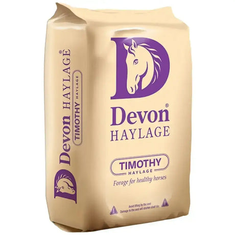 Beige paper bag of Devon haylage timothy grass featuring a purple horse logo for healthy horses forage