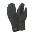 Black knitted dexshell touch fit gloves with ribbed cuff and subtle branding tag offering superb dexterity and waterproof protection