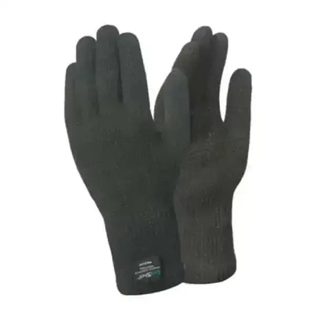 Black knitted dexshell touch fit gloves with ribbed cuff and subtle branding tag offering superb dexterity and waterproof protection