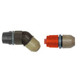 Brown and beige plastic irrigation fittings with red accent in the mary and rosy curved nozzle kit for weeding tasks