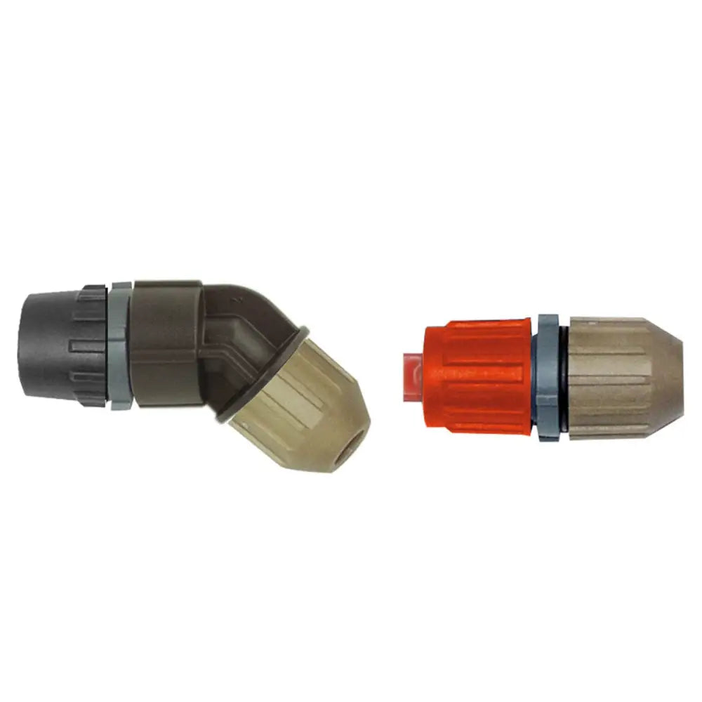 Brown and beige plastic irrigation fittings with red accent in the mary and rosy curved nozzle kit for weeding tasks