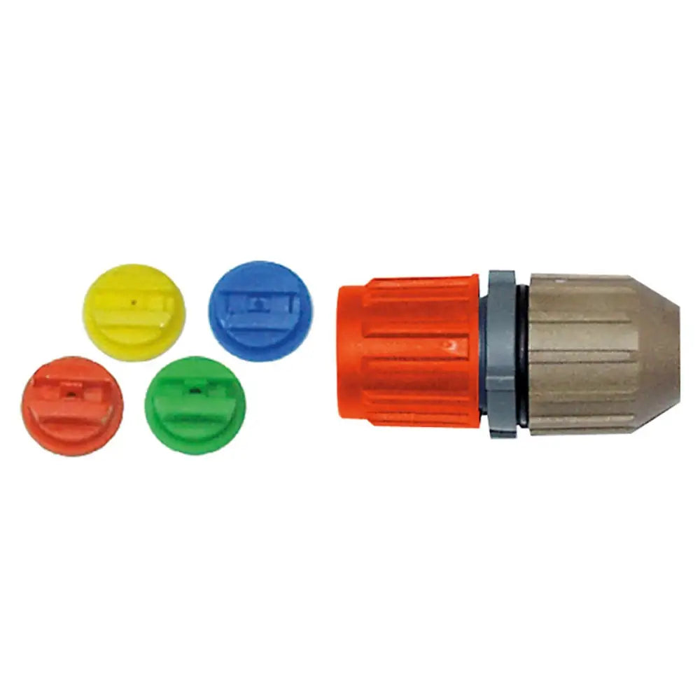 Orange and beige plastic garden hose connector with four colorful nozzles from martino mary mary and rosy nozzle kit