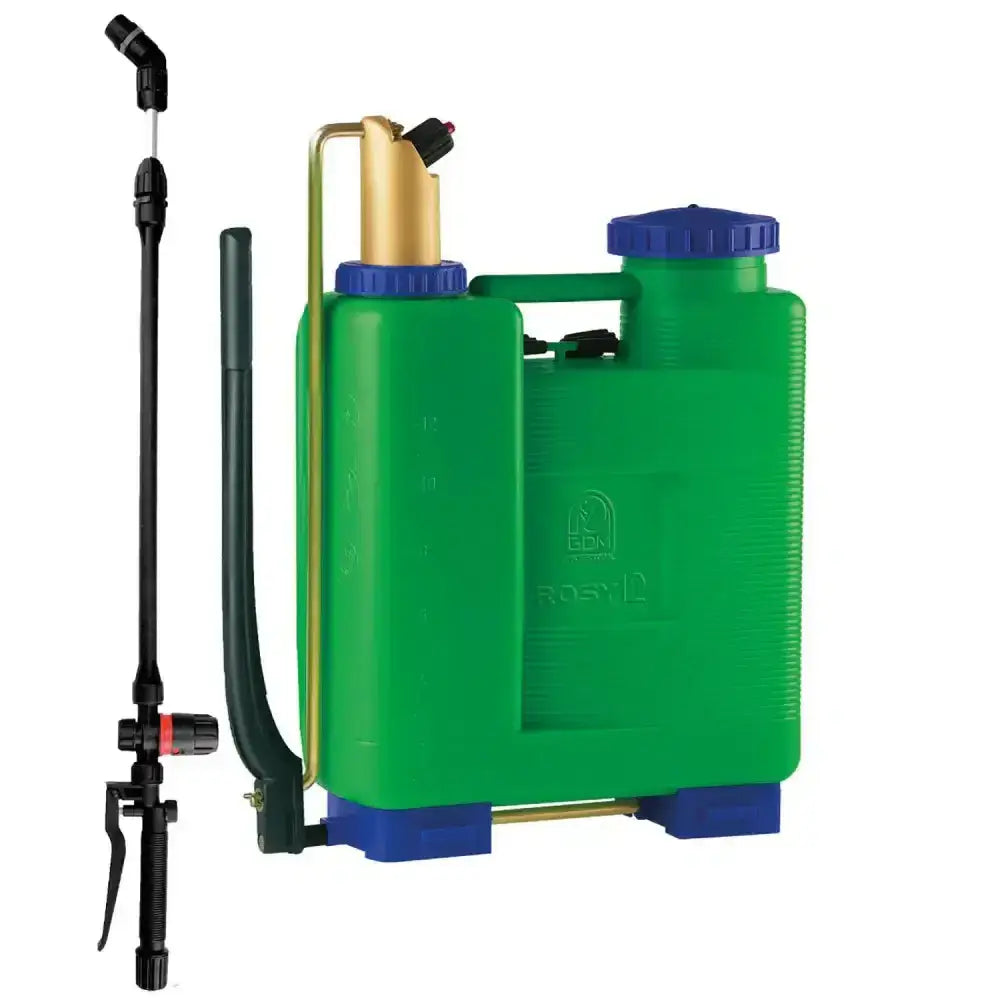 Di martino rosy 12 knapsack sprayer with green and blue tank ergonomic handle and gold pump featuring hermetic nyplen piston