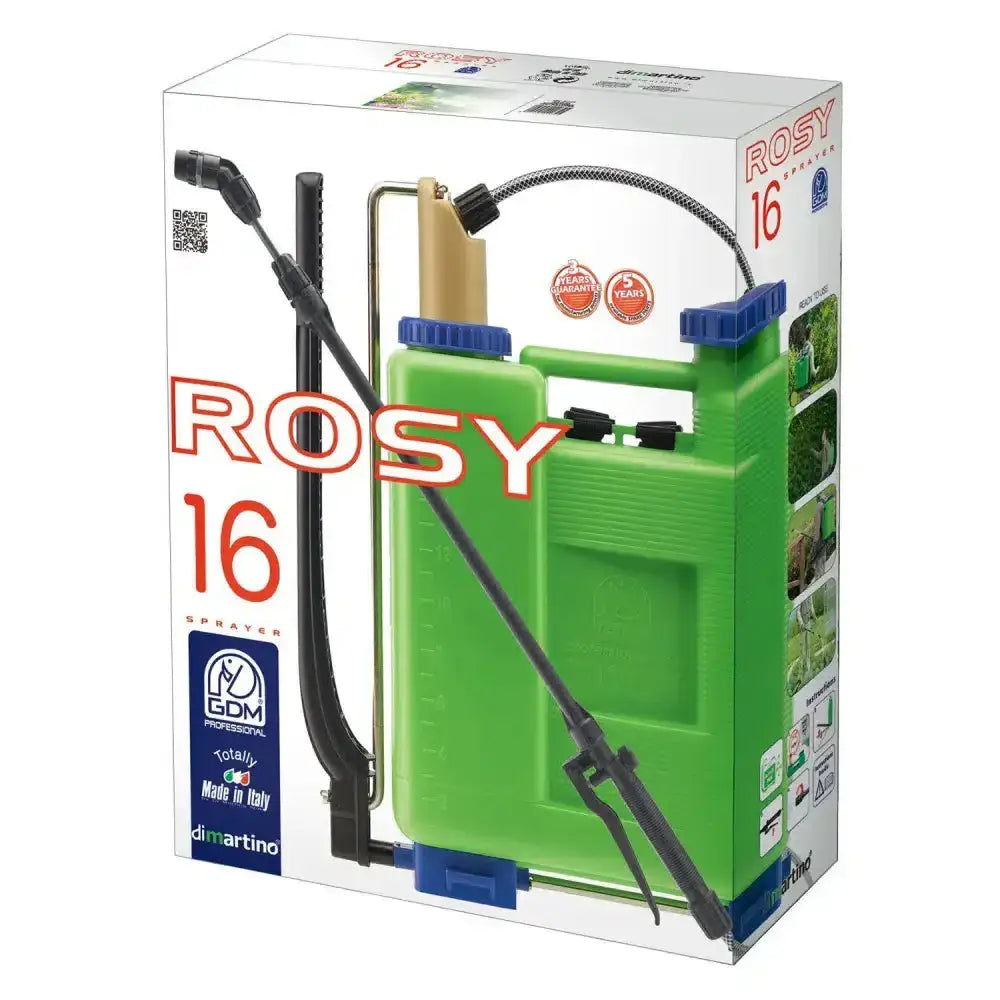 Green plastic knapsack sprayer rosy 16 by dimartino with hermetic nyplen piston and regulator complete black hose