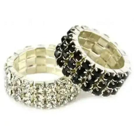 Two stretchy diamante plaiting bands with clear and black rhinestones on a silver-toned metallic base for bling style