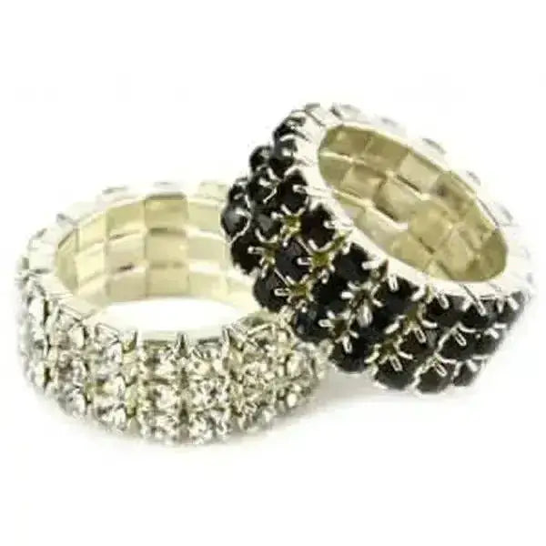 Two stretchy diamante plaiting bands with clear and black rhinestones on a silver-toned metallic base for bling style
