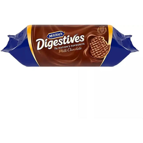 Mcvities digestive milk chocolate biscuit roll in blue and brown packaging featuring milk chocolate biscuits