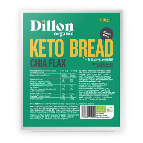 Green and yellow packaged dillon organic chia flax keto bread perfect for a healthy low carb flax keto bread option