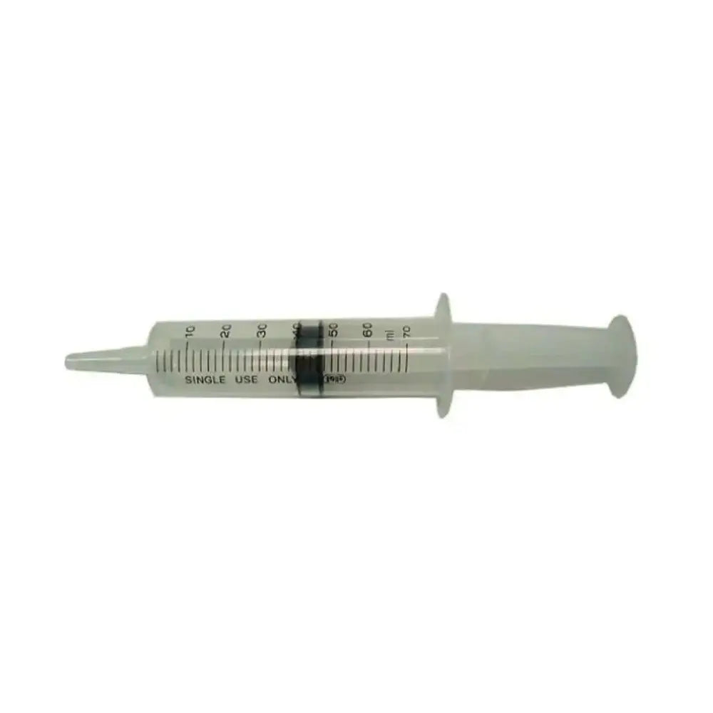 Clear disposable syringe 70ml with black markings and single use only label ideal for sterile syringe and horse care