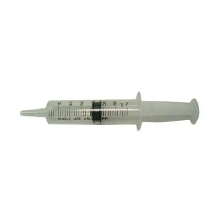Clear disposable syringe 70ml with black markings and single use only label ideal for sterile syringe and horse care